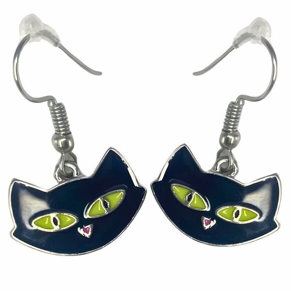 Gothic Black Hep Cat Green Eyes Drop Earrings Halloween Accessory Cat Lovers - Picture 1 of 6